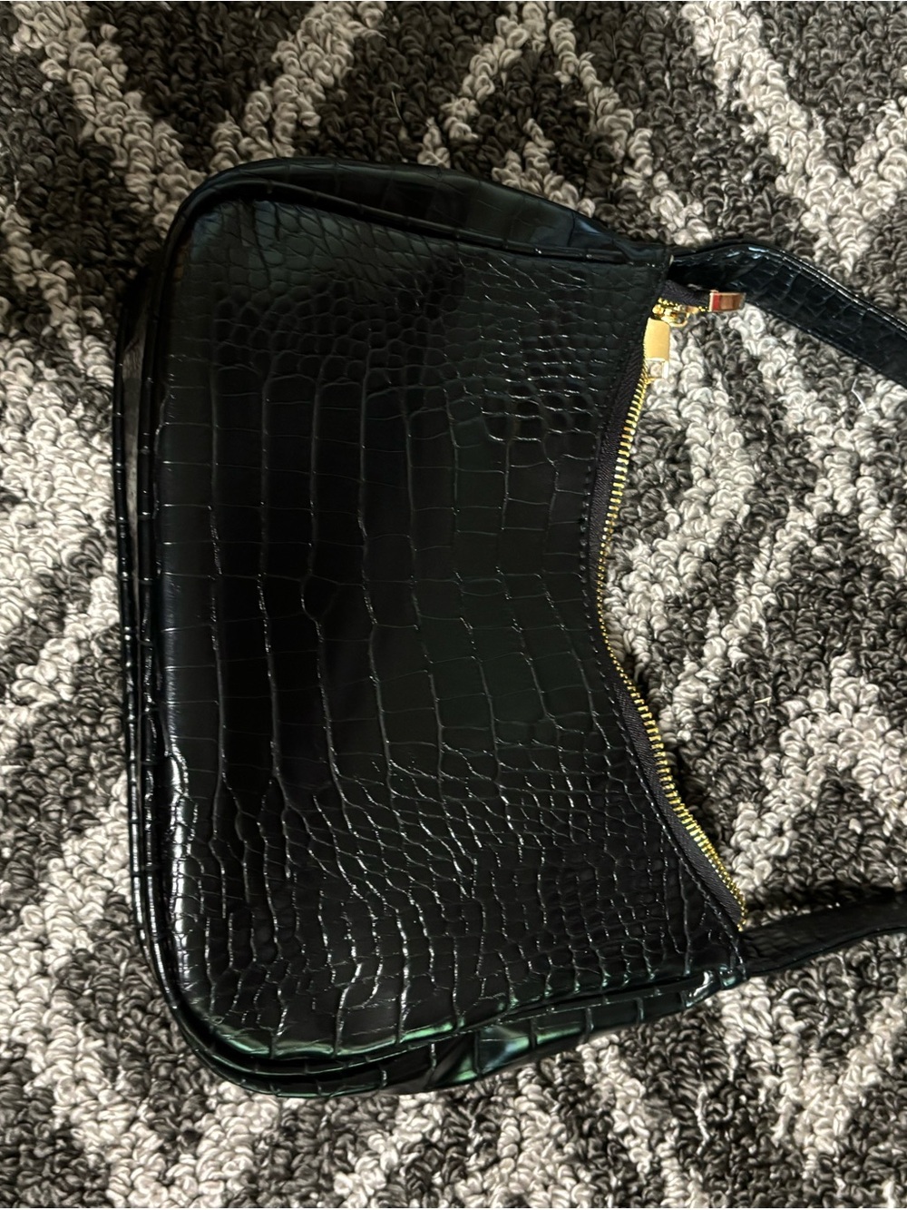 Croc-Embossed Black Shoulder Bag with Gold Zip